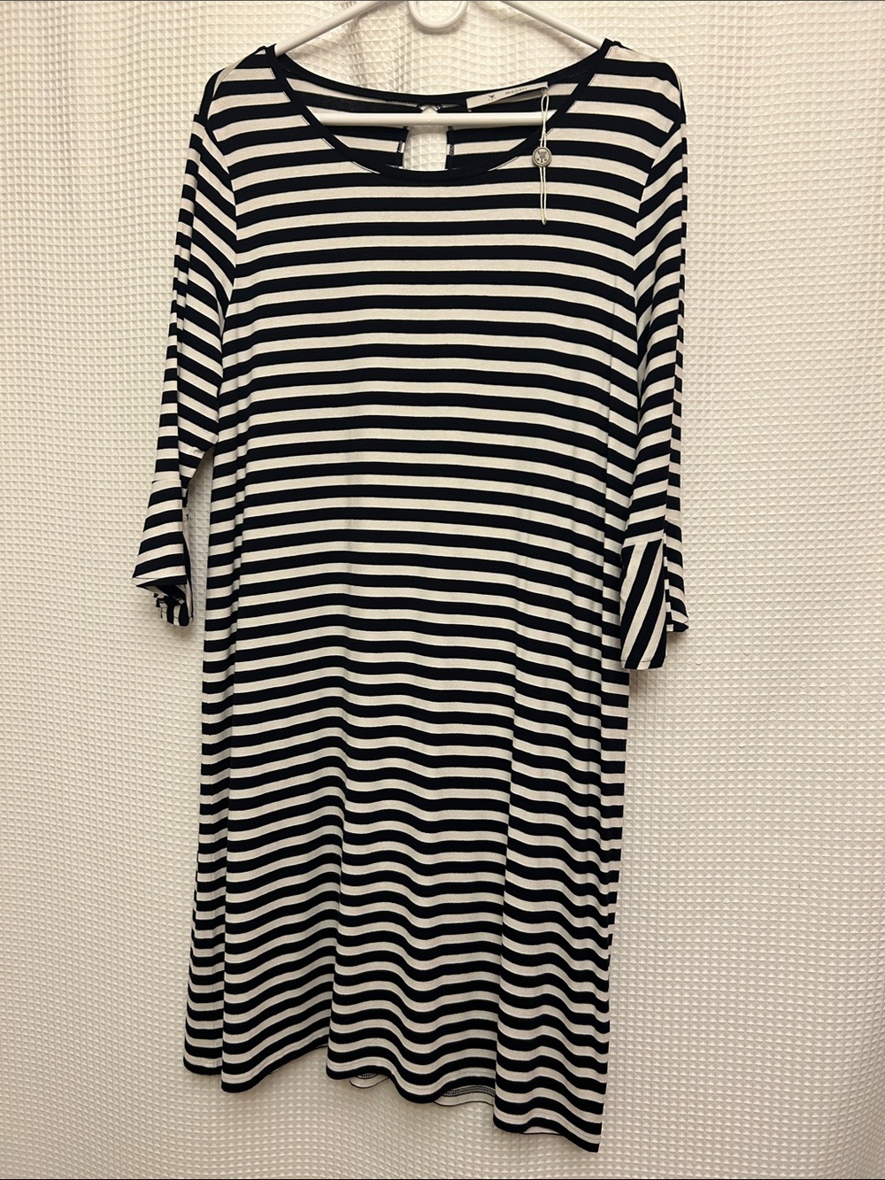 Monari NWOT Navy White Stripe Dress Keyhole Back Flutter Sleeve US 12